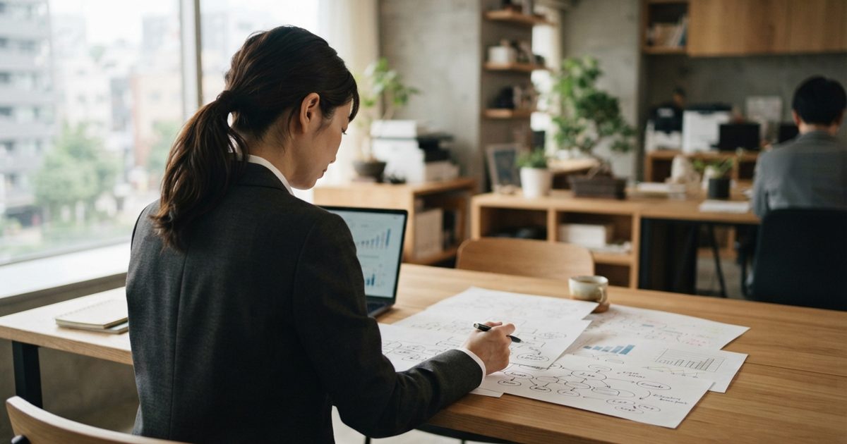中小企業のオフィスで資料を確認する様子