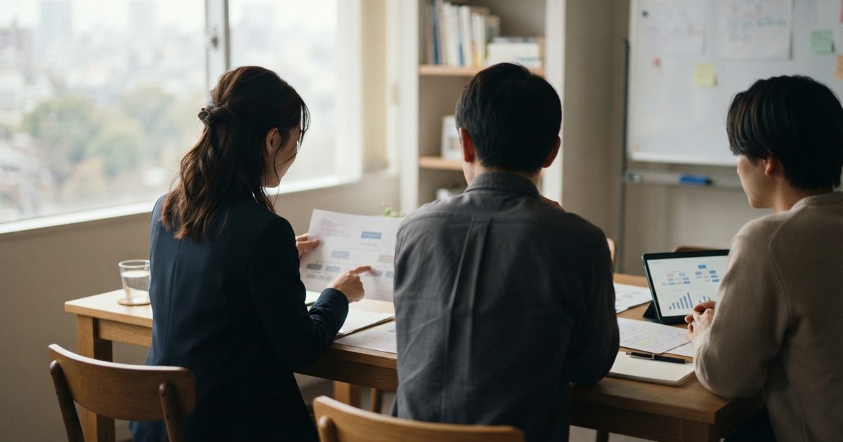 中小企業のオフィスで組織図を確認する様子