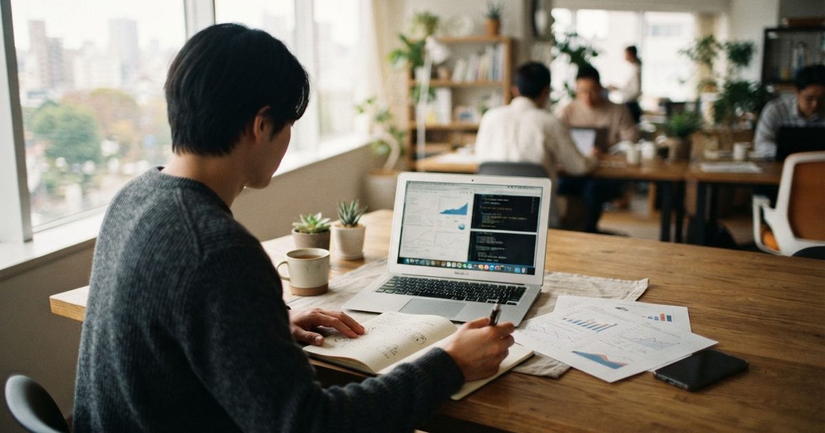 中小企業のオフィスと分析資料のイメージ