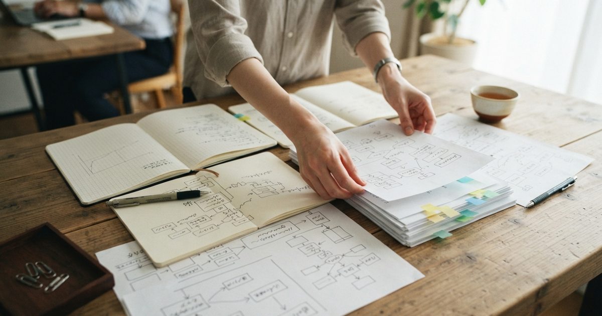 オフィスのデスクで業務フローを確認する社員の手元