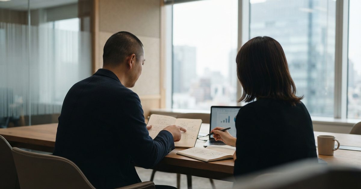 中小企業のオフィスで書類を交わす場面